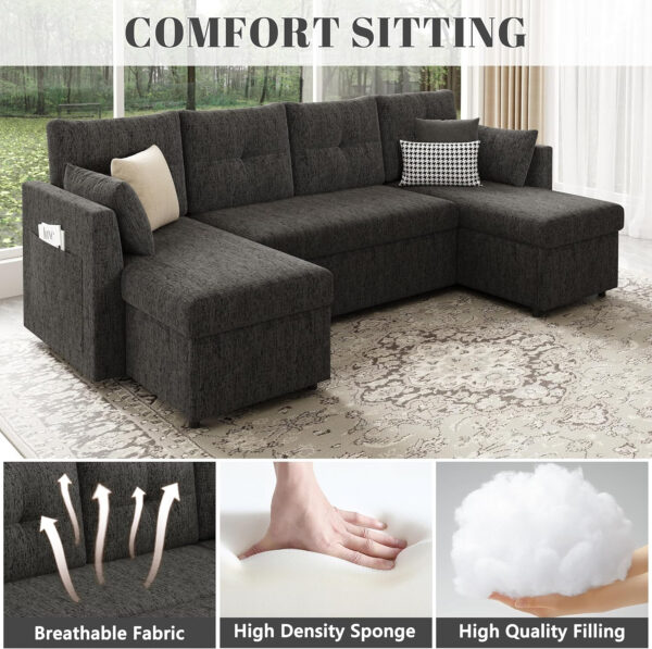 Oversized Sleeper Sofa Couch, 110 inch 2 in 1 Pullout Couch Bed with Double Storage Chaise, Sectional Sleeper Sofa Bed with Side Pocket for Living Room, Dark Grey