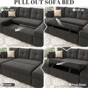 Oversized Sleeper Sofa Couch, 110 inch 2 in 1 Pullout Couch Bed with Double Storage Chaise, Sectional Sleeper Sofa Bed with Side Pocket for Living Room, Dark Grey