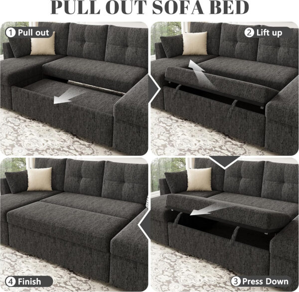Oversized Sleeper Sofa Couch, 110 inch 2 in 1 Pullout Couch Bed with Double Storage Chaise, Sectional Sleeper Sofa Bed with Side Pocket for Living Room, Dark Grey