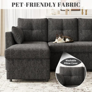 Oversized Sleeper Sofa Couch, 110 inch 2 in 1 Pullout Couch Bed with Double Storage Chaise, Sectional Sleeper Sofa Bed with Side Pocket for Living Room, Dark Grey