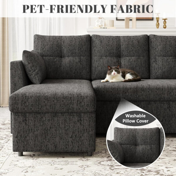 Oversized Sleeper Sofa Couch, 110 inch 2 in 1 Pullout Couch Bed with Double Storage Chaise, Sectional Sleeper Sofa Bed with Side Pocket for Living Room, Dark Grey