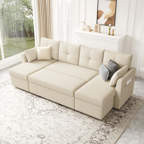 Oversized Sleeper Sofa Couch, 110 inch 2 in 1 Pullout Couch Bed with Double Storage Chaise, Sectional Sleeper Sofa Bed with Side Pocket for Living Room, Dark Grey