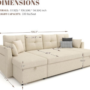 Oversized Sleeper Sofa Couch, 110 inch 2 in 1 Pullout Couch Bed with Double Storage Chaise, Sectional Sleeper Sofa Bed with Side Pocket for Living Room, Dark Grey