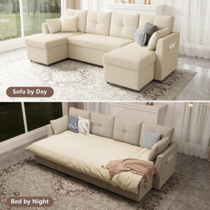 Oversized Sleeper Sofa Couch, 110 inch 2 in 1 Pullout Couch Bed with Double Storage Chaise, Sectional Sleeper Sofa Bed with Side Pocket for Living Room, Dark Grey