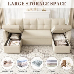 Oversized Sleeper Sofa Couch, 110 inch 2 in 1 Pullout Couch Bed with Double Storage Chaise, Sectional Sleeper Sofa Bed with Side Pocket for Living Room, Dark Grey