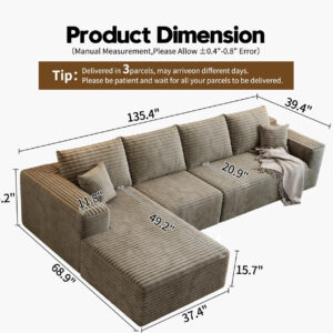 107.5" Cloud Modular Sectional Sofa with 1 Ottoman,Modern Minimalist Upholstered Couches, Comfort U Shaped Sofa for Living Room,Deep Seat Corner Couch，No Assembly Required (Black,Left Facing Chaise)