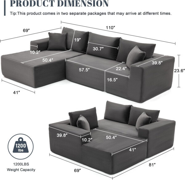 110” Cloud Sectional Couch, Boneless Sofa for Living Room, Modular Sectional Sofa with Deep Seat, Comfy Fluffy Couch with L-Shaped Chaise, No Assembly Required (Left-Facing Chaise, Dark Grey)