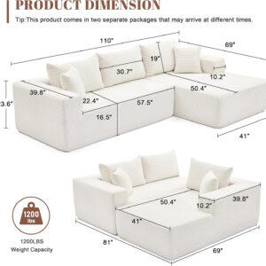 110” Cloud Sectional Couch, Boneless Sofa for Living Room, Modular Sectional Sofa with Deep Seat, Comfy Fluffy Couch with L-Shaped Chaise, No Assembly Required (Left-Facing Chaise, Dark Grey)