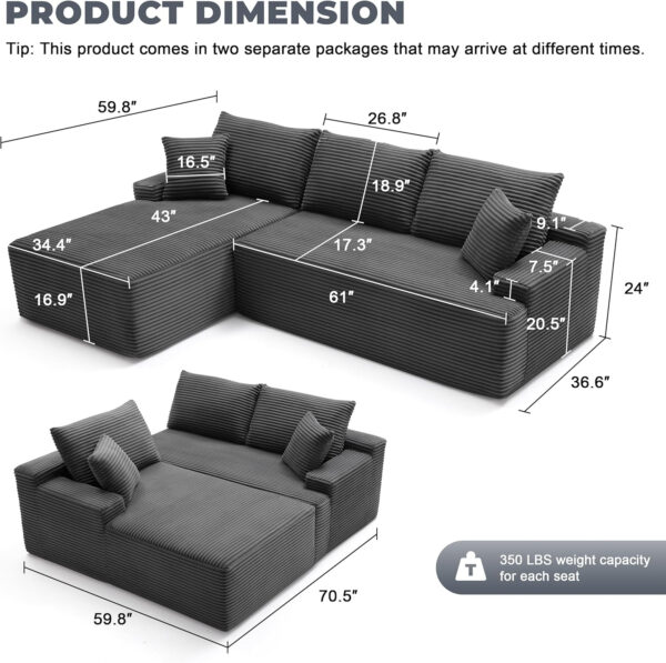 110” Cloud Sectional Couch, Boneless Sofa for Living Room, Modular Sectional Sofa with Deep Seat, Comfy Fluffy Couch with L-Shaped Chaise, No Assembly Required (Left-Facing Chaise, Dark Grey)
