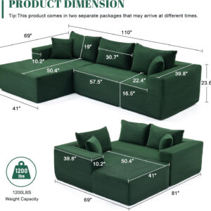 110” Cloud Sectional Couch, Boneless Sofa for Living Room, Modular Sectional Sofa with Deep Seat, Comfy Fluffy Couch with L-Shaped Chaise, No Assembly Required (Left-Facing Chaise, Dark Grey)