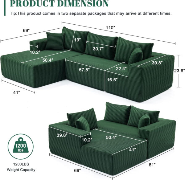 110” Cloud Sectional Couch, Boneless Sofa for Living Room, Modular Sectional Sofa with Deep Seat, Comfy Fluffy Couch with L-Shaped Chaise, No Assembly Required (Left-Facing Chaise, Dark Grey)