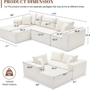 110” Cloud Sectional Couch, Boneless Sofa for Living Room, Modular Sectional Sofa with Deep Seat, Comfy Fluffy Couch with L-Shaped Chaise, No Assembly Required (Left-Facing Chaise, Dark Grey)