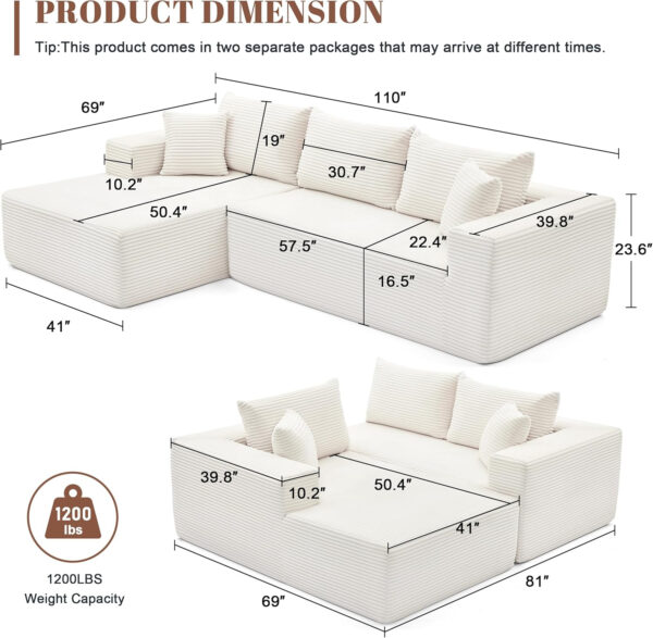 110” Cloud Sectional Couch, Boneless Sofa for Living Room, Modular Sectional Sofa with Deep Seat, Comfy Fluffy Couch with L-Shaped Chaise, No Assembly Required (Left-Facing Chaise, Dark Grey)