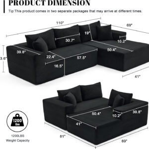 110” Cloud Sectional Couch, Boneless Sofa for Living Room, Modular Sectional Sofa with Deep Seat, Comfy Fluffy Couch with L-Shaped Chaise, No Assembly Required (Left-Facing Chaise, Dark Grey)