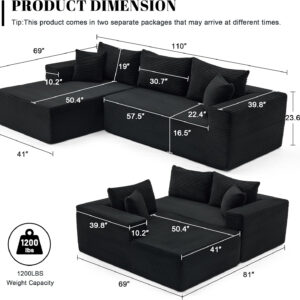 110” Cloud Sectional Couch, Boneless Sofa for Living Room, Modular Sectional Sofa with Deep Seat, Comfy Fluffy Couch with L-Shaped Chaise, No Assembly Required (Left-Facing Chaise, Dark Grey)