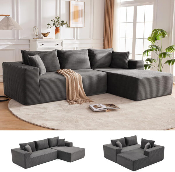 110” Cloud Sectional Couch, Boneless Sofa for Living Room, Modular Sectional Sofa with Deep Seat, Comfy Fluffy Couch with L-Shaped Chaise, No Assembly Required (Left-Facing Chaise, Dark Grey)