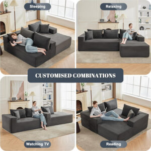110” Cloud Sectional Couch, Boneless Sofa for Living Room, Modular Sectional Sofa with Deep Seat, Comfy Fluffy Couch with L-Shaped Chaise, No Assembly Required (Left-Facing Chaise, Dark Grey)