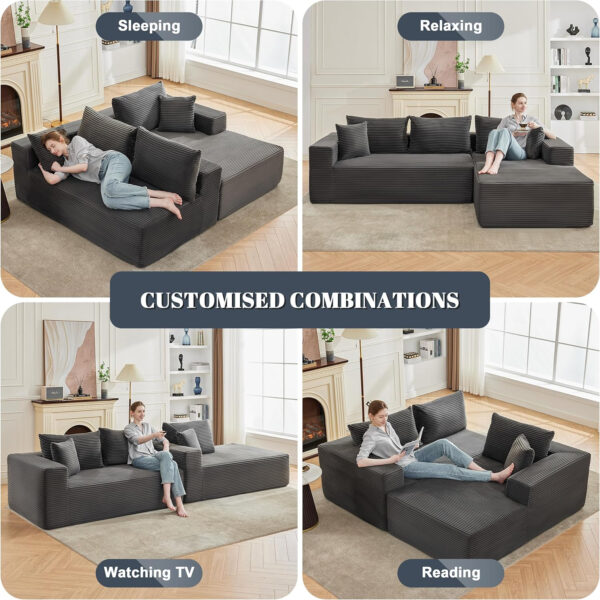 110” Cloud Sectional Couch, Boneless Sofa for Living Room, Modular Sectional Sofa with Deep Seat, Comfy Fluffy Couch with L-Shaped Chaise, No Assembly Required (Left-Facing Chaise, Dark Grey)