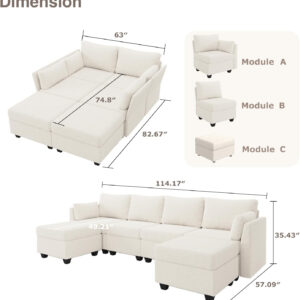 114.17" Modular Sectional Sofa, 6 Seat Modular Couch with Storage, Memory Foam, Convertible Sectional Couches for Living Room, U Shaped Comfy Modular Sofa with Chaise, Beige