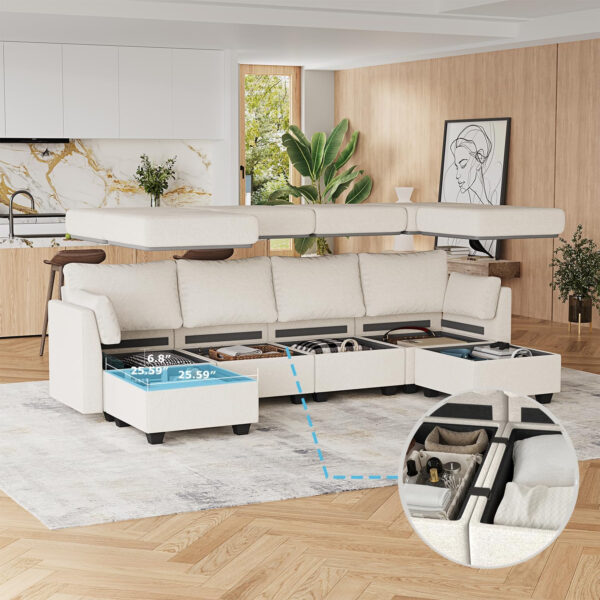 114.17" Modular Sectional Sofa, 6 Seat Modular Couch with Storage, Memory Foam, Convertible Sectional Couches for Living Room, U Shaped Comfy Modular Sofa with Chaise, Beige