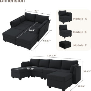 114.17" Modular Sectional Sofa, 6 Seat Modular Couch with Storage, Memory Foam, Convertible Sectional Couches for Living Room, U Shaped Comfy Modular Sofa with Chaise, Beige