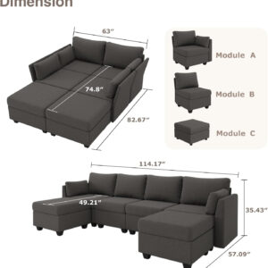 114.17" Modular Sectional Sofa, 6 Seat Modular Couch with Storage, Memory Foam, Convertible Sectional Couches for Living Room, U Shaped Comfy Modular Sofa with Chaise, Beige