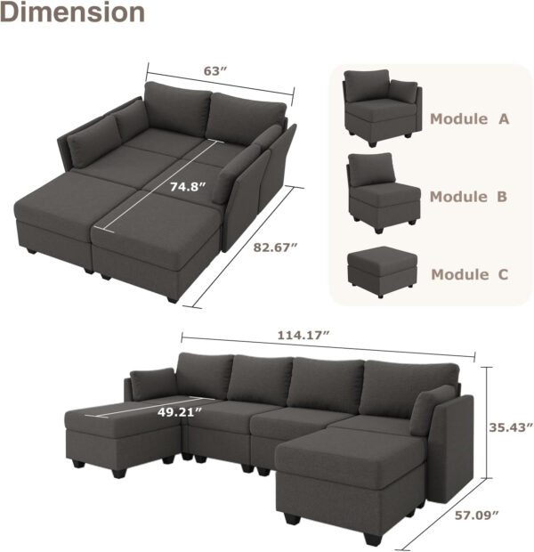114.17" Modular Sectional Sofa, 6 Seat Modular Couch with Storage, Memory Foam, Convertible Sectional Couches for Living Room, U Shaped Comfy Modular Sofa with Chaise, Beige