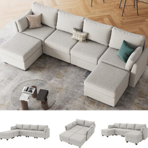 114.17" Modular Sectional Sofa, 6 Seat Modular Couch with Storage, Memory Foam, Convertible Sectional Couches for Living Room, U Shaped Comfy Modular Sofa with Chaise, Beige