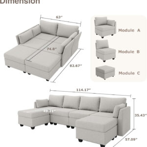 114.17" Modular Sectional Sofa, 6 Seat Modular Couch with Storage, Memory Foam, Convertible Sectional Couches for Living Room, U Shaped Comfy Modular Sofa with Chaise, Beige