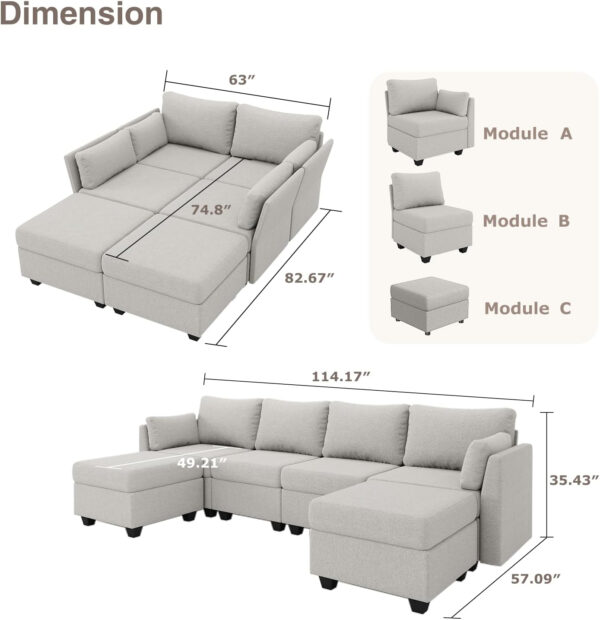 114.17" Modular Sectional Sofa, 6 Seat Modular Couch with Storage, Memory Foam, Convertible Sectional Couches for Living Room, U Shaped Comfy Modular Sofa with Chaise, Beige