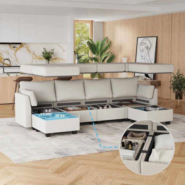 114.17" Modular Sectional Sofa, 6 Seat Modular Couch with Storage, Memory Foam, Convertible Sectional Couches for Living Room, U Shaped Comfy Modular Sofa with Chaise, Beige