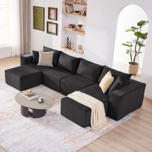 135.4" Cloud Couch Sectional, Modular Sofa with Deep Seat, Plush Corduroy U Shaped Boneless Couch, Convertible Sectional Couches for Living Room, 6Seat, Black