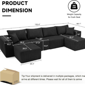 135.4" Cloud Couch Sectional, Modular Sofa with Deep Seat, Plush Corduroy U Shaped Boneless Couch, Convertible Sectional Couches for Living Room, 6Seat, Black