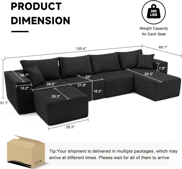 135.4" Cloud Couch Sectional, Modular Sofa with Deep Seat, Plush Corduroy U Shaped Boneless Couch, Convertible Sectional Couches for Living Room, 6Seat, Black