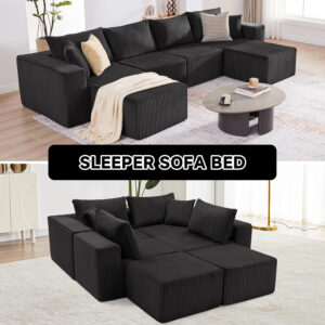 135.4" Cloud Couch Sectional, Modular Sofa with Deep Seat, Plush Corduroy U Shaped Boneless Couch, Convertible Sectional Couches for Living Room, 6Seat, Black