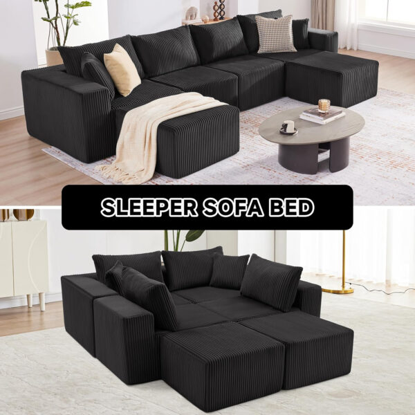 135.4" Cloud Couch Sectional, Modular Sofa with Deep Seat, Plush Corduroy U Shaped Boneless Couch, Convertible Sectional Couches for Living Room, 6Seat, Black
