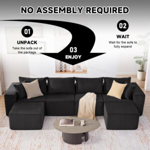 135.4" Cloud Couch Sectional, Modular Sofa with Deep Seat, Plush Corduroy U Shaped Boneless Couch, Convertible Sectional Couches for Living Room, 6Seat, Black