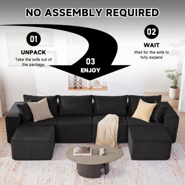 135.4" Cloud Couch Sectional, Modular Sofa with Deep Seat, Plush Corduroy U Shaped Boneless Couch, Convertible Sectional Couches for Living Room, 6Seat, Black