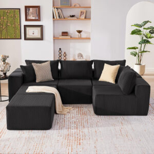 135.4" Cloud Couch Sectional, Modular Sofa with Deep Seat, Plush Corduroy U Shaped Boneless Couch, Convertible Sectional Couches for Living Room, 6Seat, Black