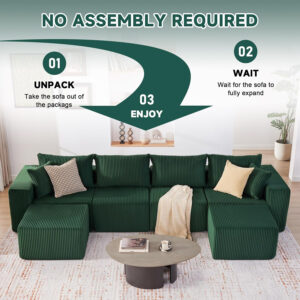 135.4" Cloud Couch Sectional, Modular Sofa with Deep Seat, Plush Corduroy U Shaped Boneless Couch, Convertible Sectional Couches for Living Room, 6Seat, Black