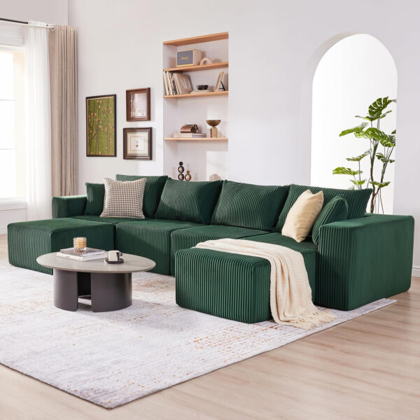 135.4" Cloud Couch Sectional, Modular Sofa with Deep Seat, Plush Corduroy U Shaped Boneless Couch, Convertible Sectional Couches for Living Room, 6Seat, Black