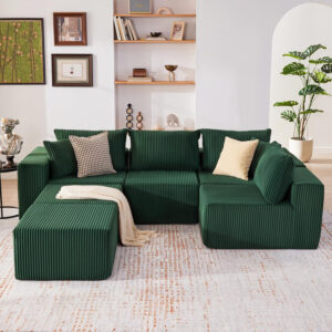 135.4" Cloud Couch Sectional, Modular Sofa with Deep Seat, Plush Corduroy U Shaped Boneless Couch, Convertible Sectional Couches for Living Room, 6Seat, Black