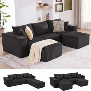 135.4" Cloud Couch Sectional, Modular Sofa with Deep Seat, Plush Corduroy U Shaped Boneless Couch, Convertible Sectional Couches for Living Room, 6Seat, Black