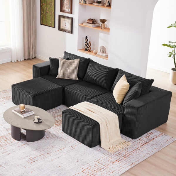 135.4" Cloud Couch Sectional, Modular Sofa with Deep Seat, Plush Corduroy U Shaped Boneless Couch, Convertible Sectional Couches for Living Room, 6Seat, Black