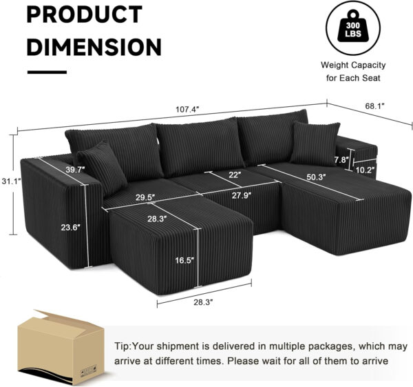 135.4" Cloud Couch Sectional, Modular Sofa with Deep Seat, Plush Corduroy U Shaped Boneless Couch, Convertible Sectional Couches for Living Room, 6Seat, Black