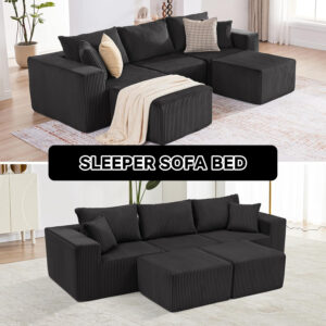 135.4" Cloud Couch Sectional, Modular Sofa with Deep Seat, Plush Corduroy U Shaped Boneless Couch, Convertible Sectional Couches for Living Room, 6Seat, Black