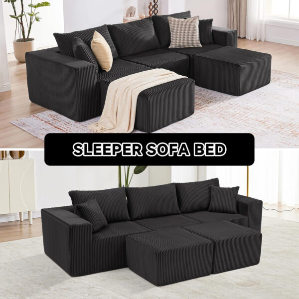 135.4" Cloud Couch Sectional, Modular Sofa with Deep Seat, Plush Corduroy U Shaped Boneless Couch, Convertible Sectional Couches for Living Room, 6Seat, Black