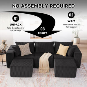 135.4" Cloud Couch Sectional, Modular Sofa with Deep Seat, Plush Corduroy U Shaped Boneless Couch, Convertible Sectional Couches for Living Room, 6Seat, Black
