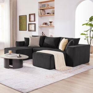 135.4" Cloud Couch Sectional, Modular Sofa with Deep Seat, Plush Corduroy U Shaped Boneless Couch, Convertible Sectional Couches for Living Room, 6Seat, Black