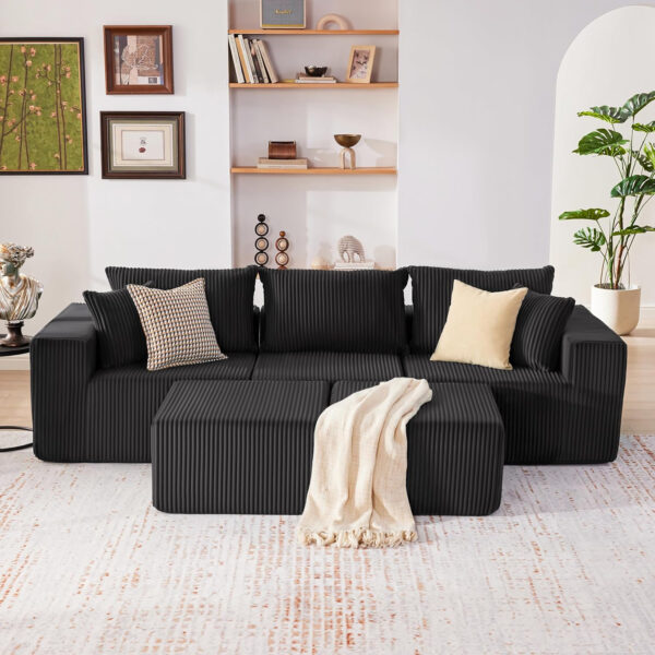 135.4" Cloud Couch Sectional, Modular Sofa with Deep Seat, Plush Corduroy U Shaped Boneless Couch, Convertible Sectional Couches for Living Room, 6Seat, Black